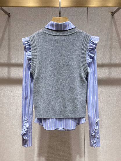 Cross Collar Shirt with Vest 00034