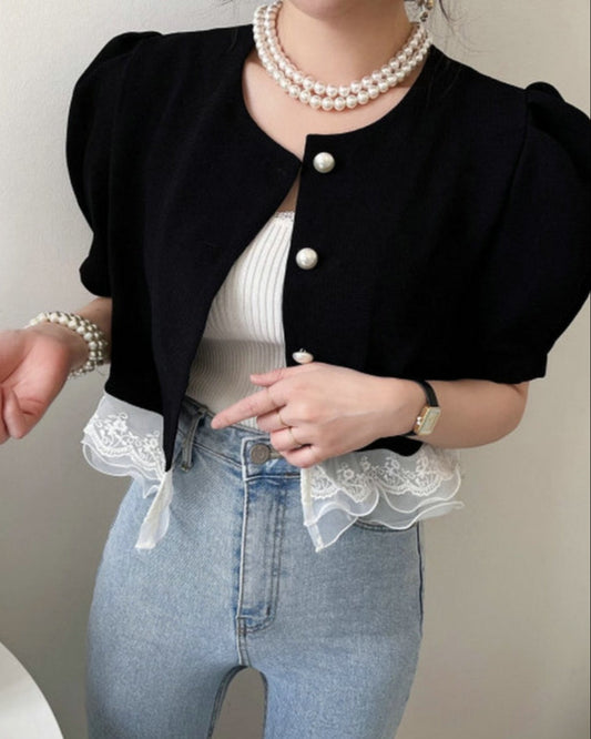 Black Puff Short Sleeve Cropped Jacket with Lace Hem 00176