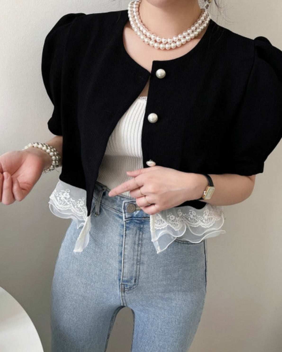 Black Puff Short Sleeve Cropped Jacket with Lace Hem 00176