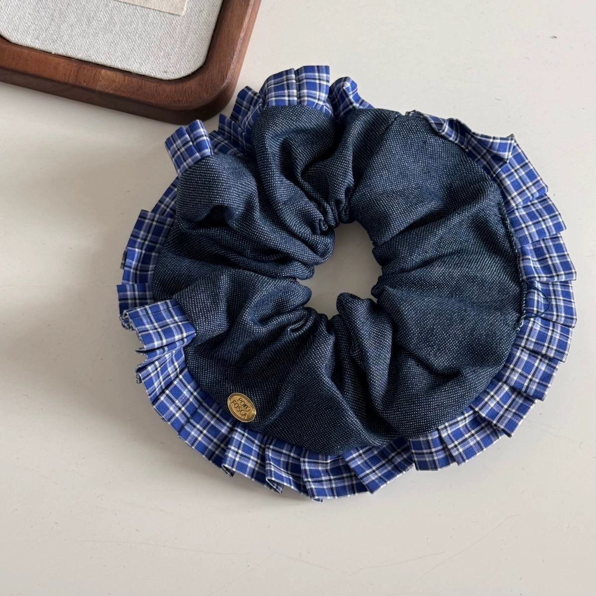 Blue White Plaid Denim Hair Tie 00130