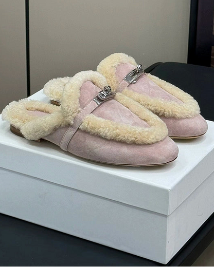 Teddy Leather Shearling Mules - Caramel Trim 00432