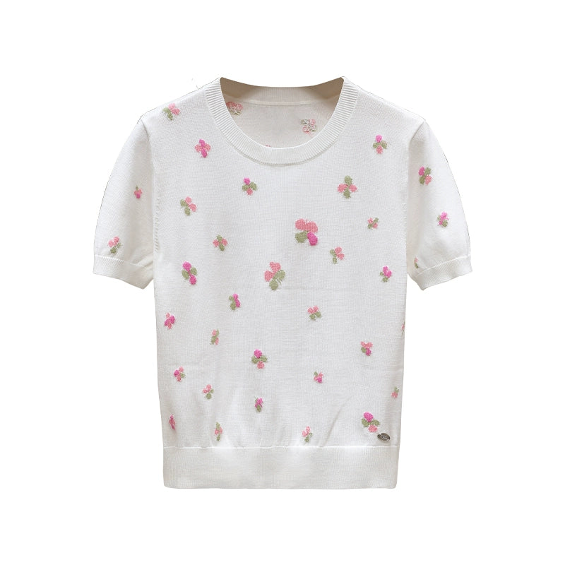 Summer Short-sleeved Sweater with Four-leaf Clover 00098