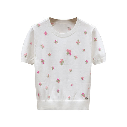 Summer Short-sleeved Sweater with Four-leaf Clover 00098