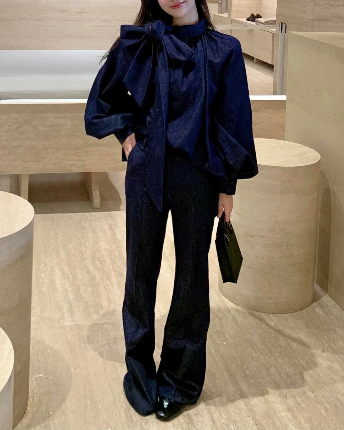 Grand Bow Denim Blouse 00239