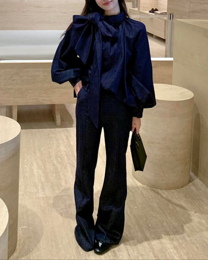 Grand Bow Denim Blouse 00239