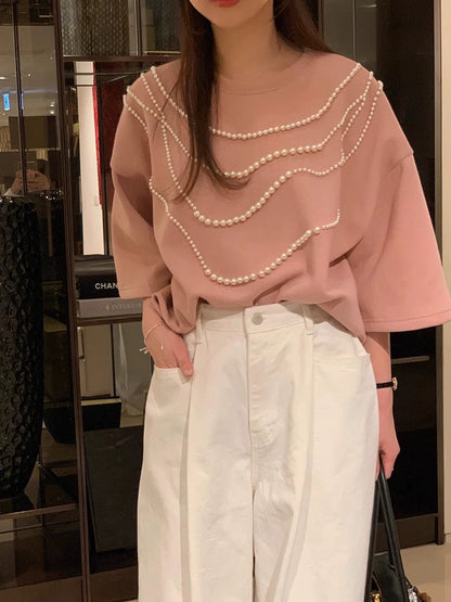 Decorative Pearl Detail Galf Sleeve Top 00278