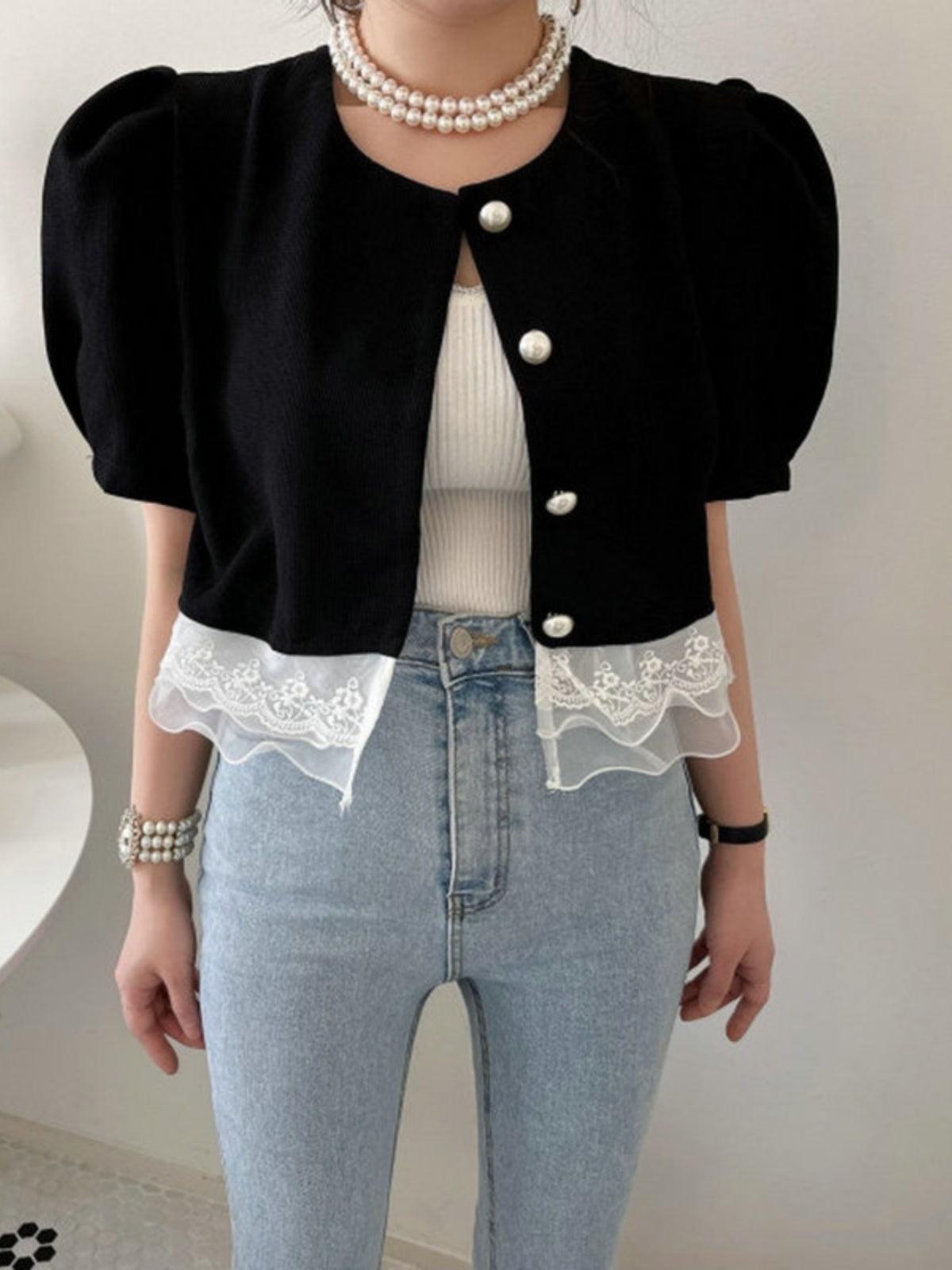 Black Puff Short Sleeve Cropped Jacket with Lace Hem 00176