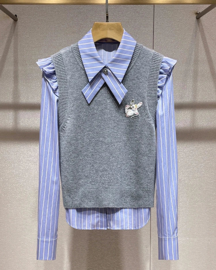 Cross Collar Shirt with Vest 00034