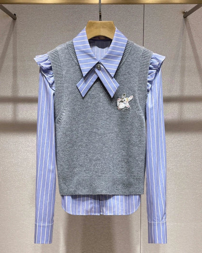 Cross Collar Shirt with Vest 00034
