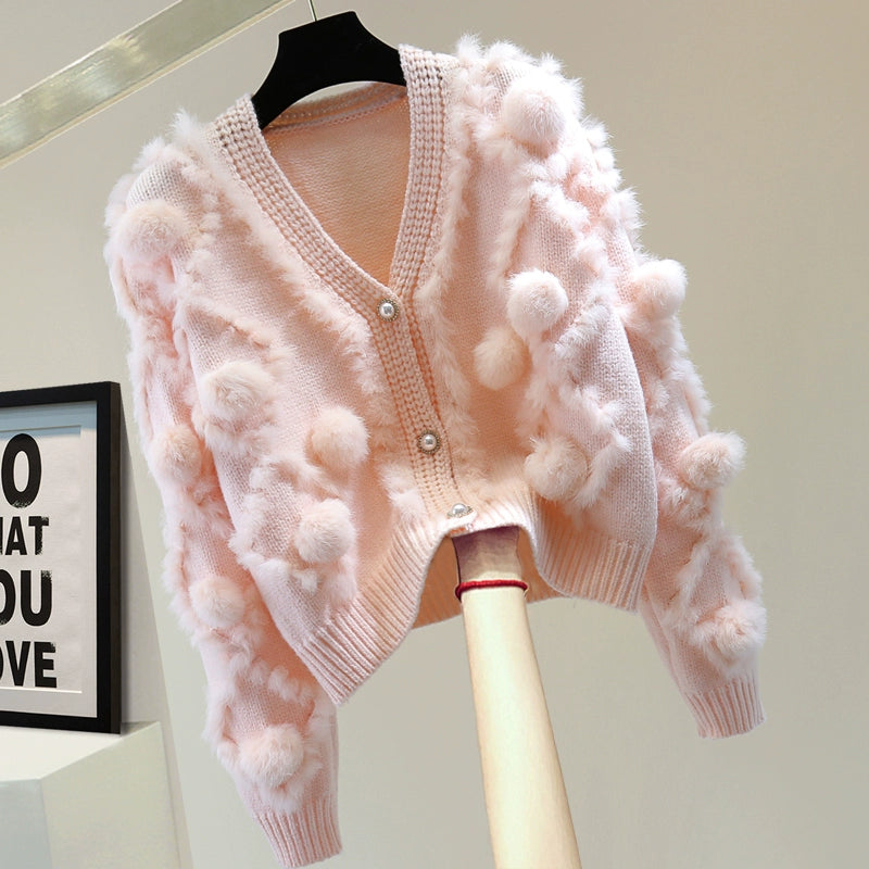 V-neck Long-sleeved Fur Cardigan 00116