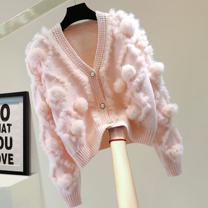 V-neck Long-sleeved Fur Cardigan 00116