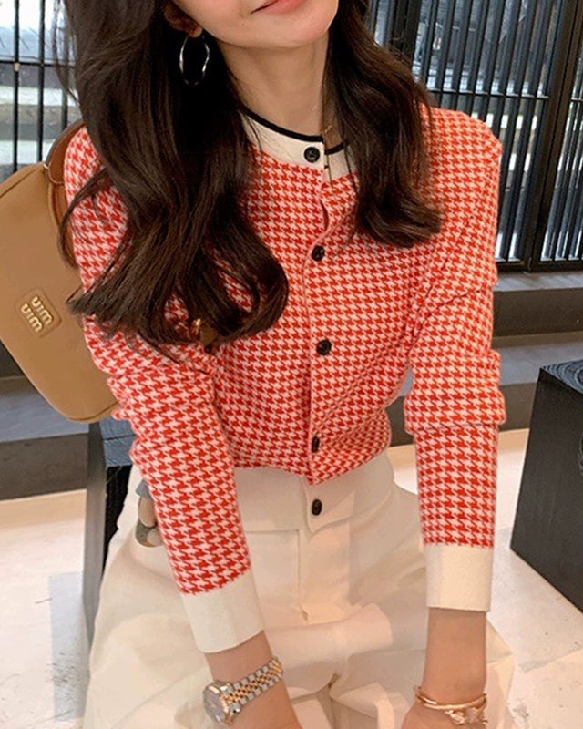 Chic Houndstooth Knit Cardigan 00426