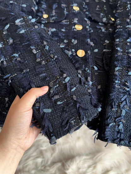 Navy Blue Fringed Tweed Jacket with Gold Buttons 00147