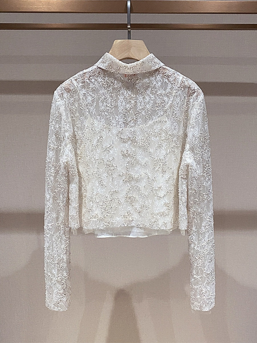 Classic White Embroidered Lace Cropped Shirt 00146
