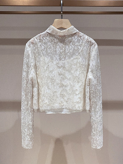 Classic White Embroidered Lace Cropped Shirt 00146