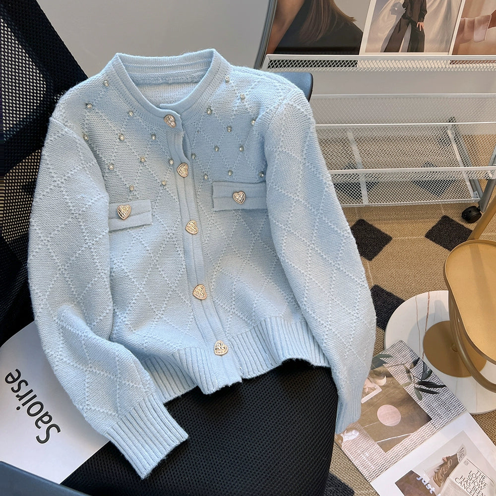 Diamond Knit Cardigan with Heart Button 00347