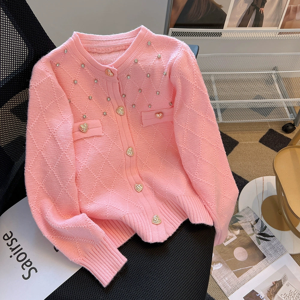 Diamond Knit Cardigan with Heart Button 00347