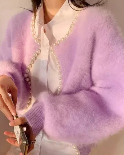 Fuzzy Pearl Trim Cropped Knit Cardigan 00567