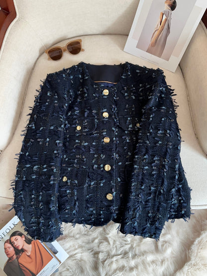 Navy Blue Fringed Tweed Jacket with Gold Buttons 00147