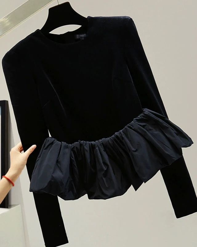 Velvet Peplum Long Sleeve Top 00110