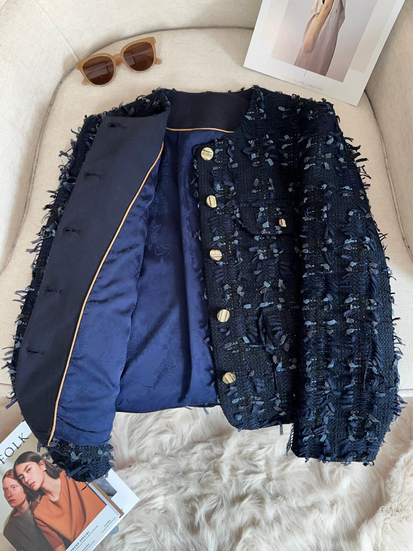 Navy Blue Fringed Tweed Jacket with Gold Buttons 00147
