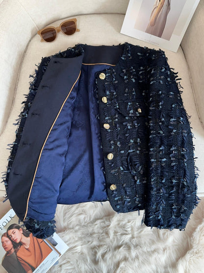 Navy Blue Fringed Tweed Jacket with Gold Buttons 00147