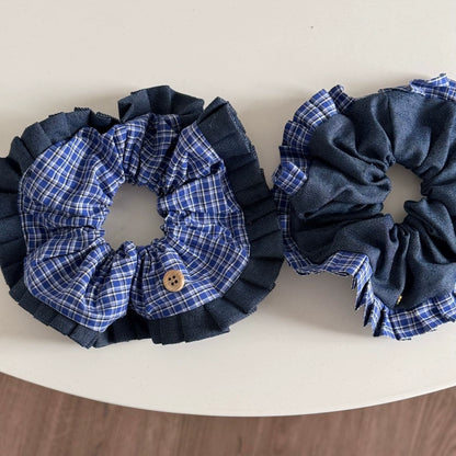 Blue White Plaid Denim Hair Tie 00130