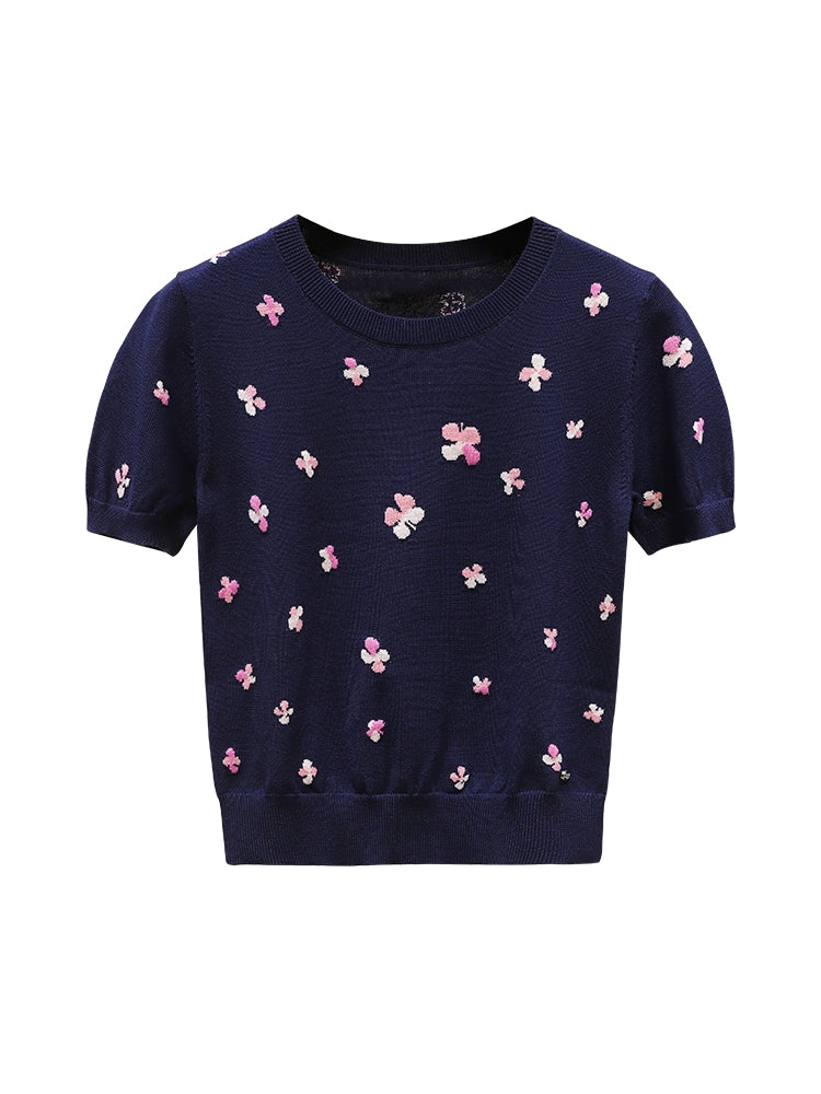 Summer Short-sleeved Sweater with Four-leaf Clover 00098