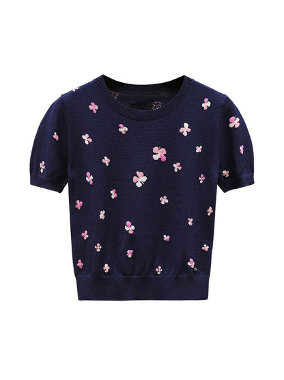 Summer Short-sleeved Sweater with Four-leaf Clover 00098