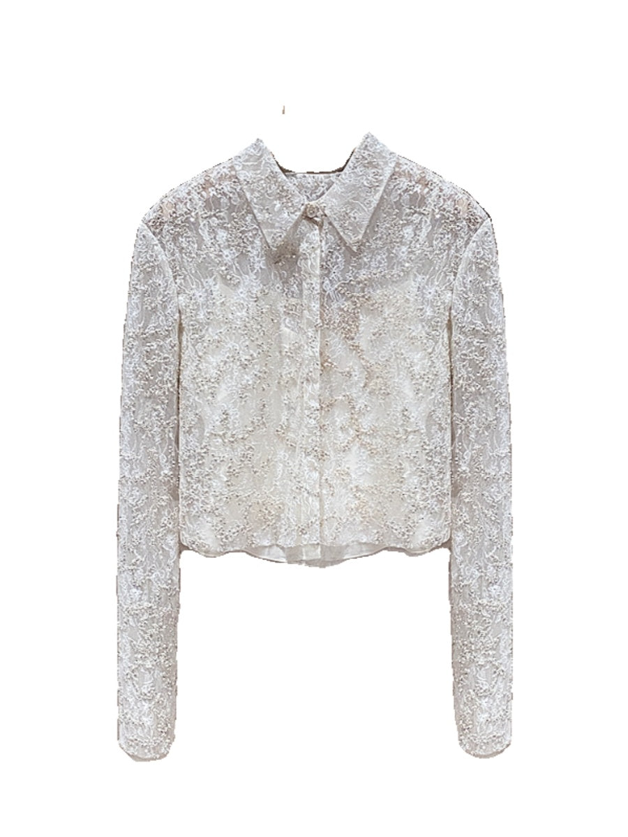 Classic White Embroidered Lace Cropped Shirt 00146