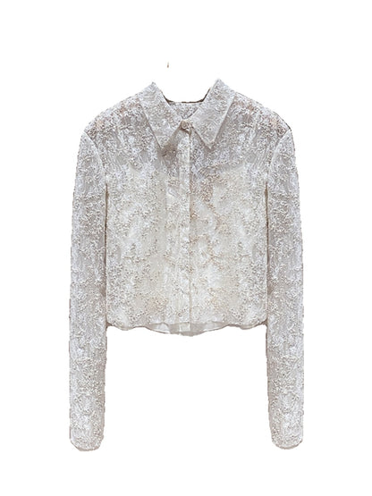 Classic White Embroidered Lace Cropped Shirt 00146