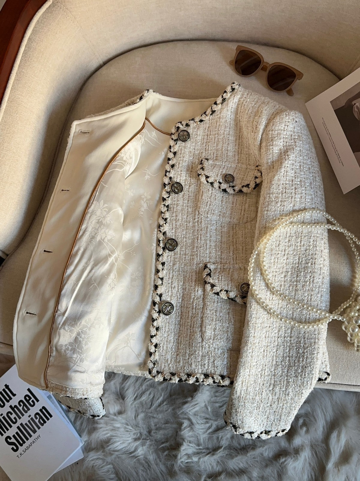 Ivory and Black Braided Trim Tweed Jacket 00150