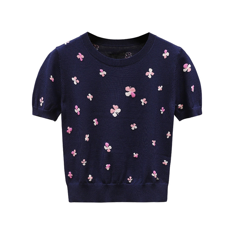 Summer Short-sleeved Sweater with Four-leaf Clover 00098