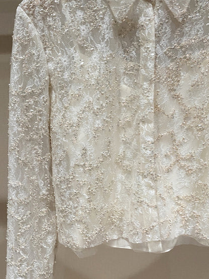 Classic White Embroidered Lace Cropped Shirt 00146