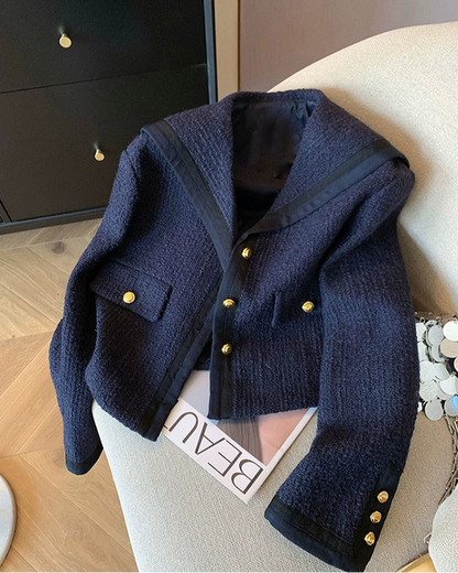 Navy Sailor-Collar Tweed Jacket 00346