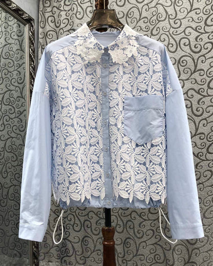 Lace Overlay Stripe Blouse 00418