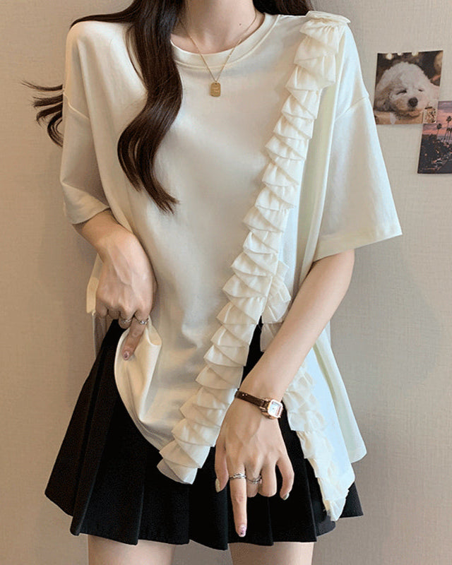 Asymmetrical Ruffle Ribbon Tee 00212