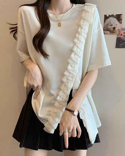 Asymmetrical Ruffle Ribbon Tee 00212