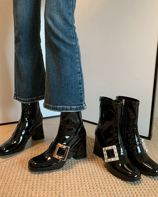 Crystal Buckle Patent Boots 00427