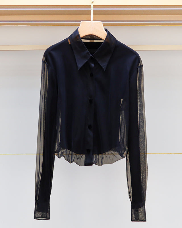 Black Tulle Long Sleeve Shirt 00133