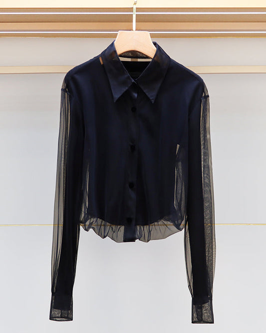 Black Tulle Long Sleeve Shirt 00133