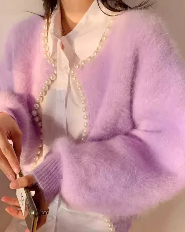 Fuzzy Pearl Trim Cropped Knit Cardigan 00567