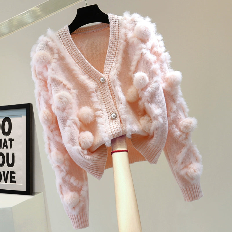 V-neck Long-sleeved Fur Cardigan 00116