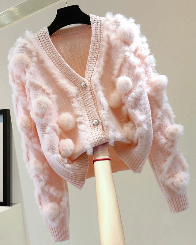 V-neck Long-sleeved Fur Cardigan 00116