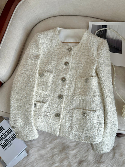 Parisian Chic Cream Tweed Blazer with Embellished Buttons 00151