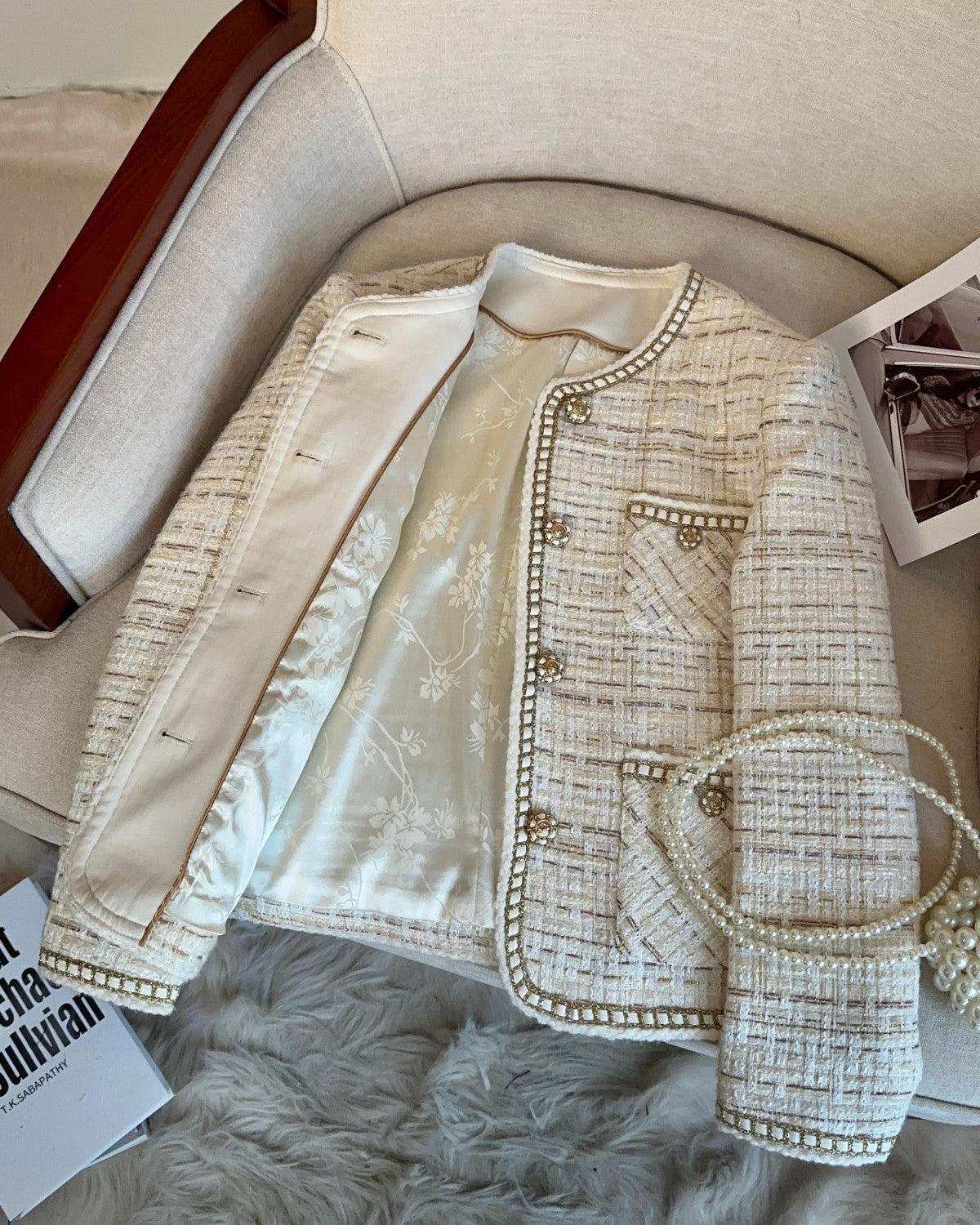 Ivory Chain Trim Tweed Jacket 00149