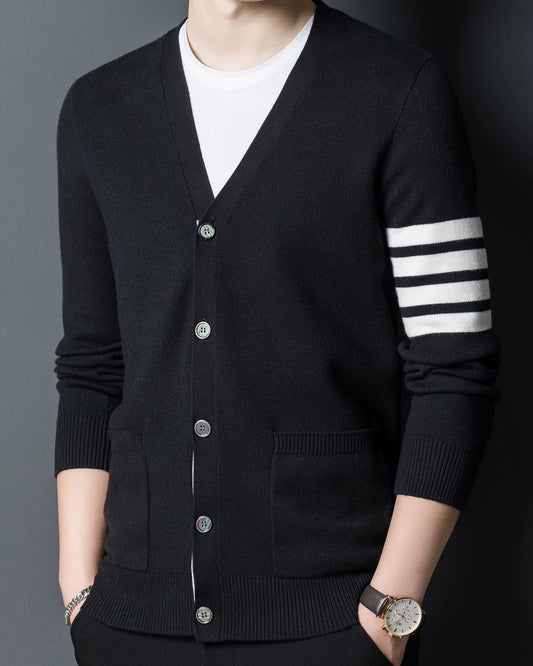 Classic V-Neck Cardigan with Stripe Sleeve Detail 00561